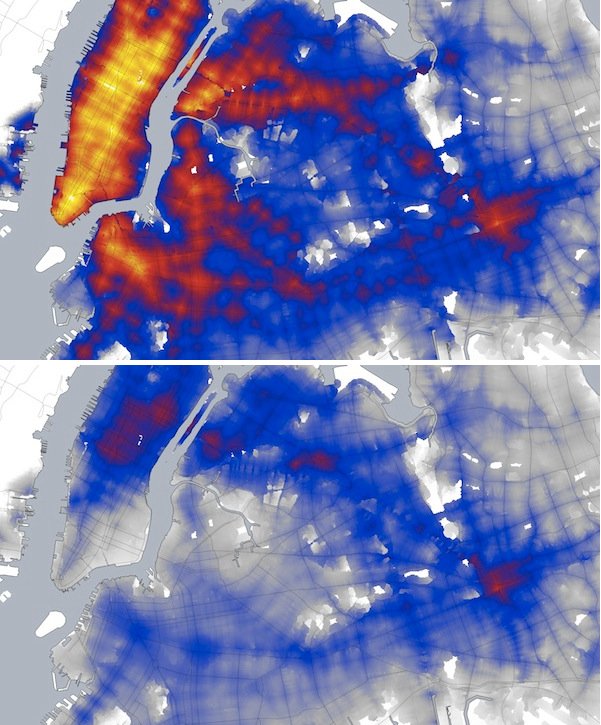 Estos dos mapas, realizados partiendo de los datos ofrecidos por el motor de cálculo del planificador de viajes OpenTripPlanner, muestran cómo cambia la percepción de la distancia y la accesibilidad de los recursos en una ciudad. La imagen de arriba representa el número de personas capaces de llegar a cada lugar de la ciudad de Nueva York a las 9 de la mañana en menos de una hora en transporte público o caminando. El color amarillo son partes de la ciudad accesibles para 7,5 millones de neoyorquinos, el rojo lo son para 6 millones, el color azul para 4 millones y el gris son accesibles para 2 millones en menos de 60 minutos de viaje. La imagen de debajo visualiza esa misma accesibilidad después del paso del huracán Sandy en 2012 y la alteración que supuso para el sistema de transporte público de la ciudad. Fuente: Citylab.com